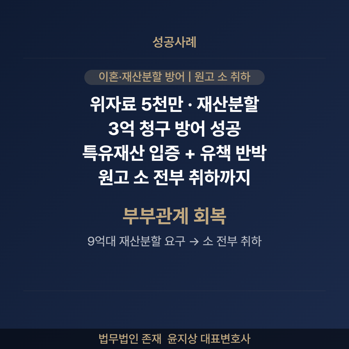 이혼 재산분할 방어 특유재산 유책배우자 반박 소취하 부부관계 회복 법무법인 존재 윤지상 변호사