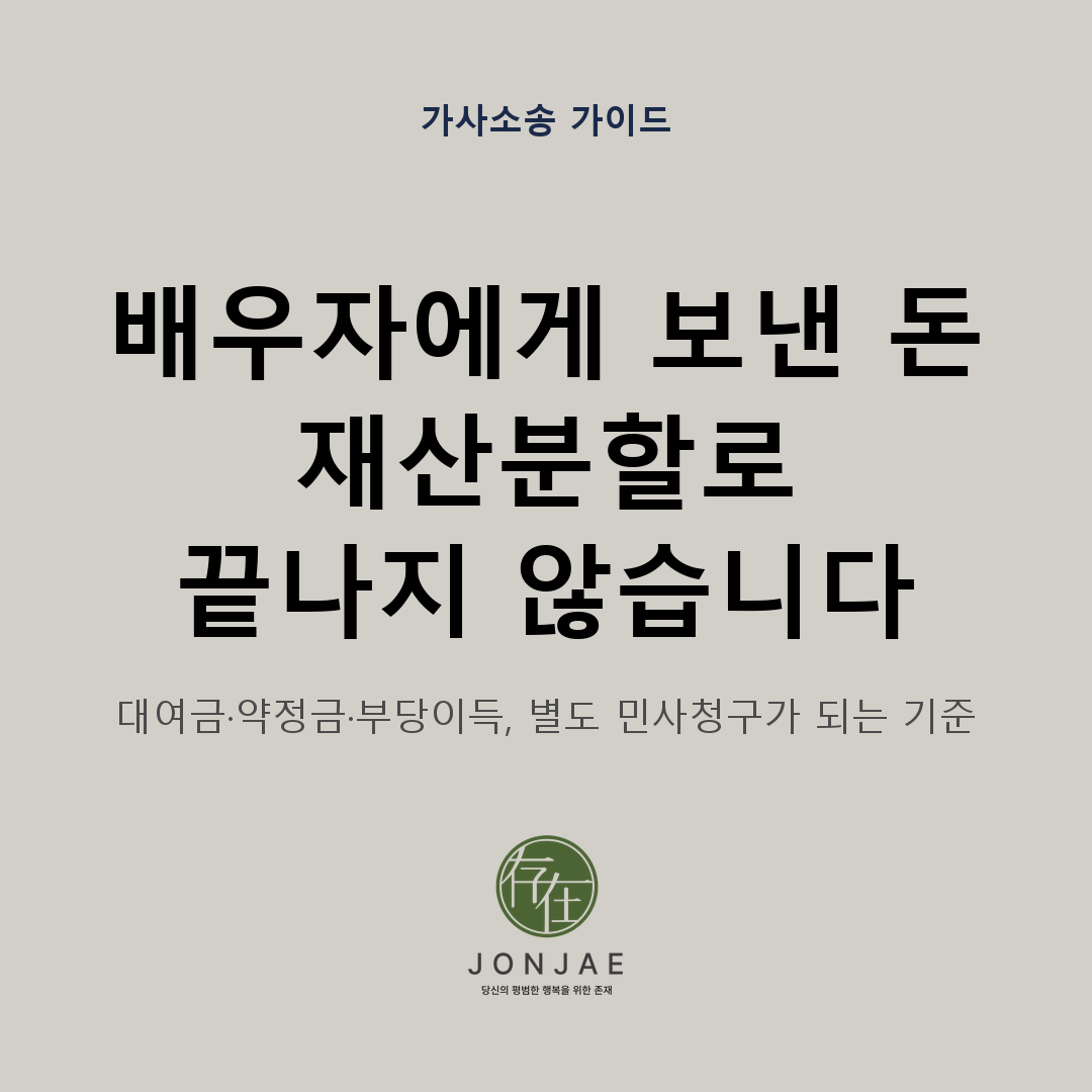 배우자에게 보낸 돈은 재산분할로 끝나지 않으며 대여금·약정금·부당이득이 별도 민사청구가 되는 기준을 안내하는 가사소송 가이드 썸네일